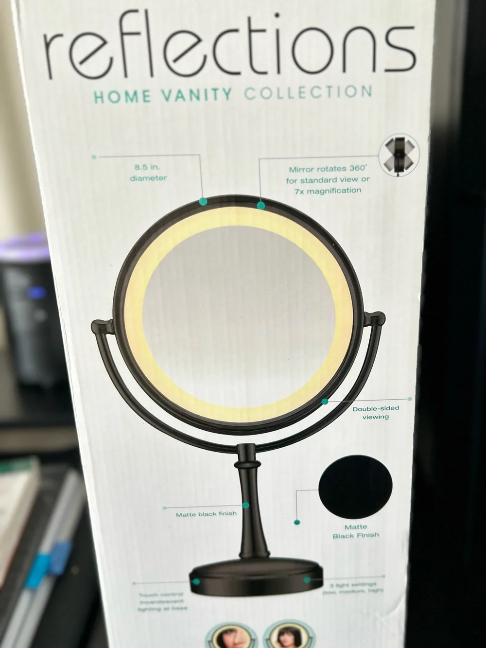 Conair Reflections Matte Black Lighted Vanity Mirror with Dual Magnification